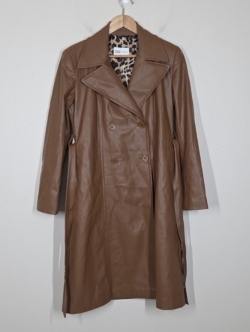 Paulmark Faux Leather Trench Coat Camel Brown Vegan L Minimalist Leopard Lining